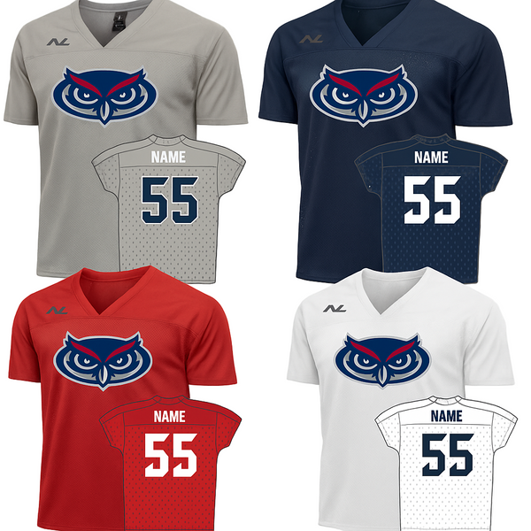 Collection of sports jerseys with an owl logo and customizable text on a white background